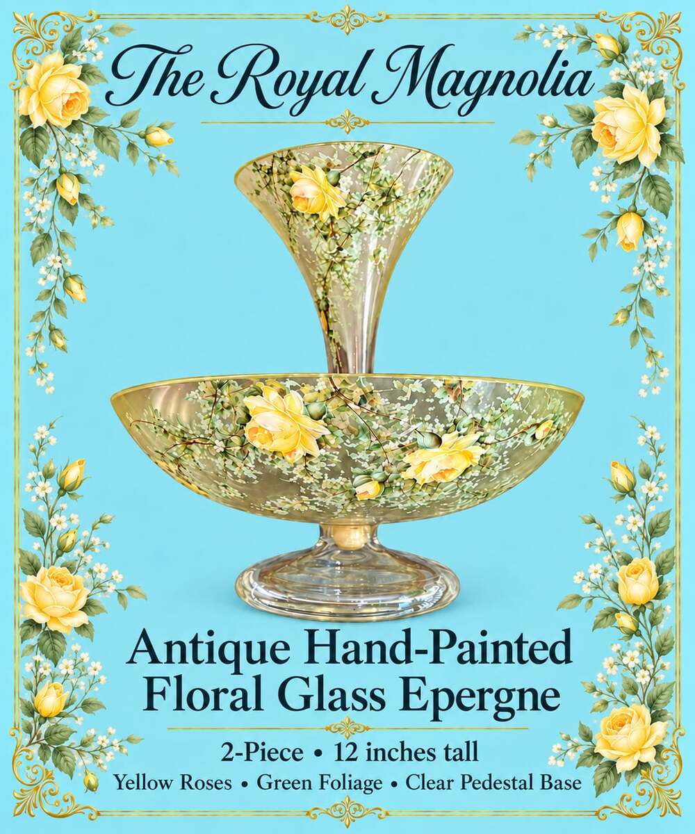 The Royal Magnolia Antique Hand-Painted Floral Glass Epergne